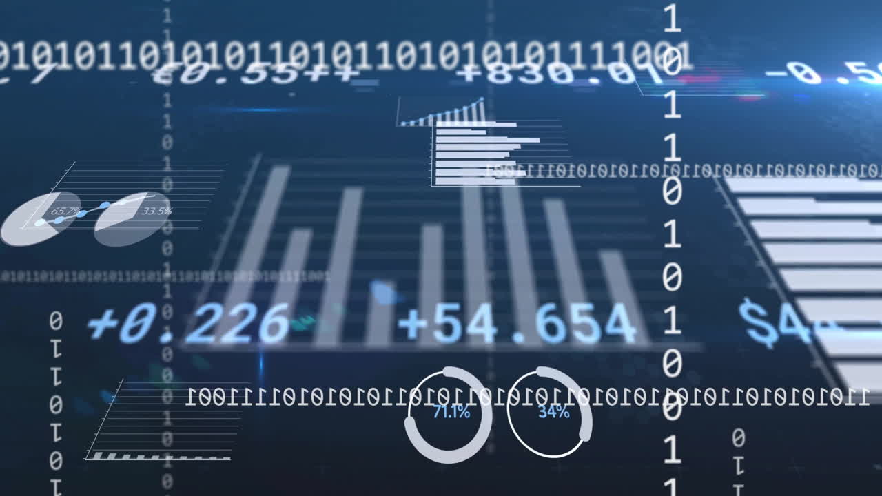 Digital data and statistics animation over bar graphs and binary code