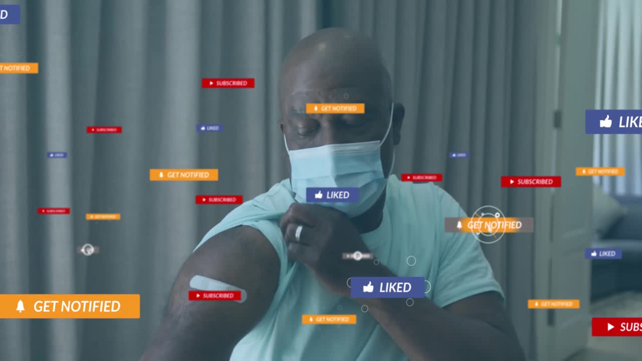 Animação de notificações de mídia sobre homem afro-americano com máscara facial mostrando vacinação