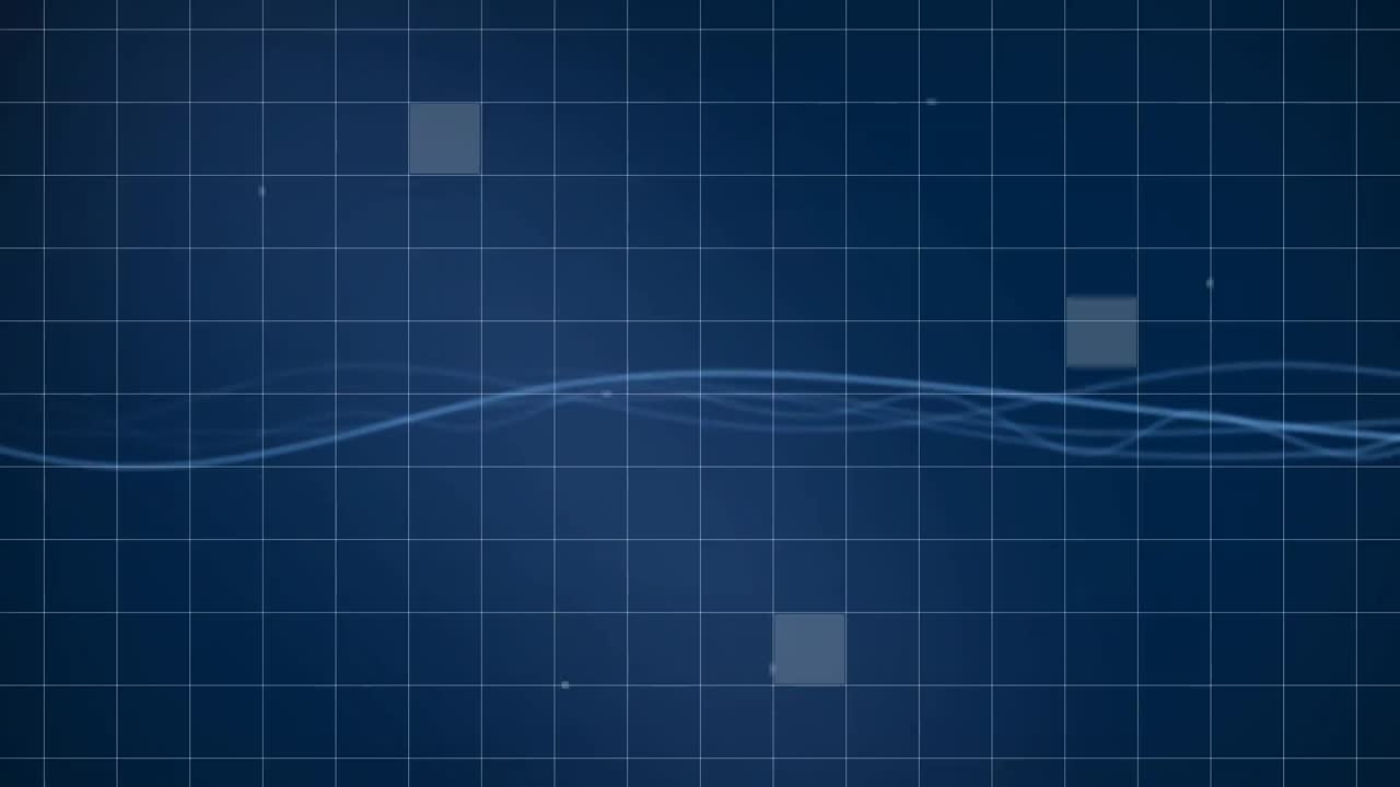 Grid with sizzle square falling on blue navy background while curves crossed screen from left to rig