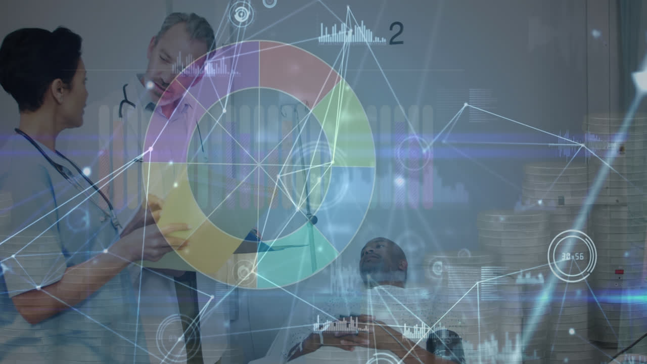 animación de estadísticas, conexiones y procesamiento de datos en diversos médicos