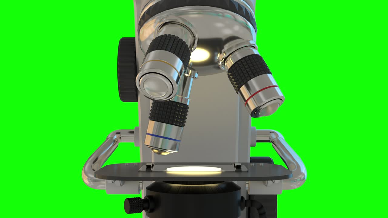 4k 개념 의료 클립 아트 - 현대 전자 과학 현미경, 전면 뷰 - 크로마키 사용을 위해 녹색 스크린에 분리, uhd 60fps 3d 애니메이션