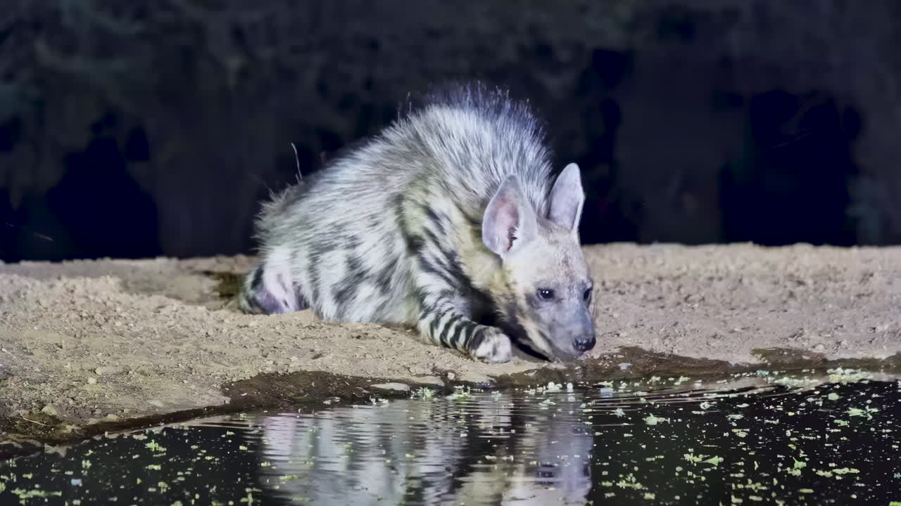 A rare, striped Aardwolf cautiously drinks from a watering hole in the darkness of night