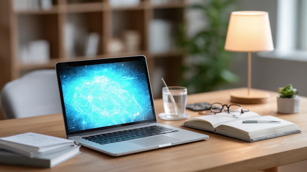 Uno studio sulla creatività digitale: esplorazione di visualizzazioni dinamiche di reti neurali su un laptop moderno in un ambiente di lavoro tranquillo