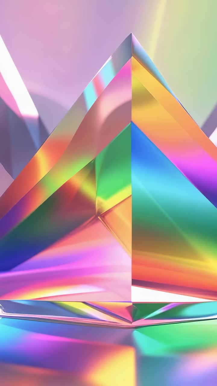 Vertical video: Light shift causing prism turning on mirror base in studio, with pastel backdrop