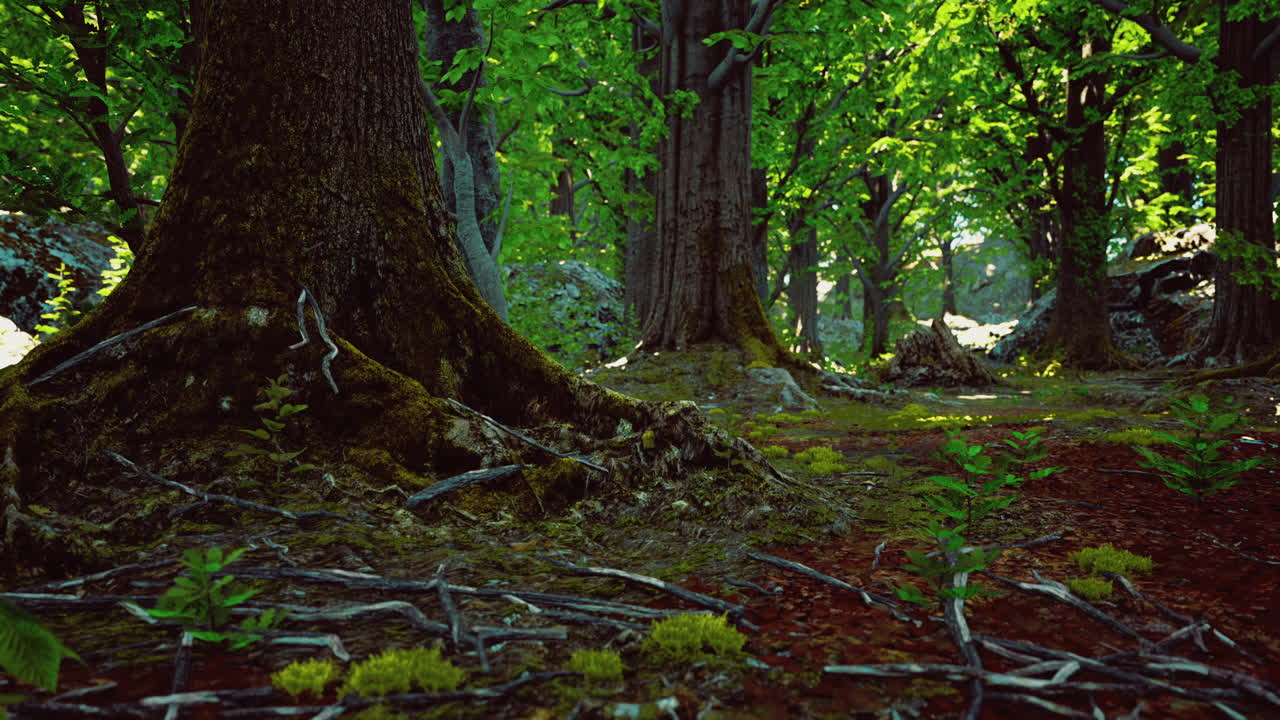 Majestic forest landscape showcasing ancient trees and vibrant greenery