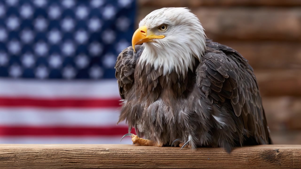 Majestætisk hvidhovedet havørn, der stolt hviler med et amerikansk flag i baggrunden, symboliserende frihed og styrke i naturens hjerte.