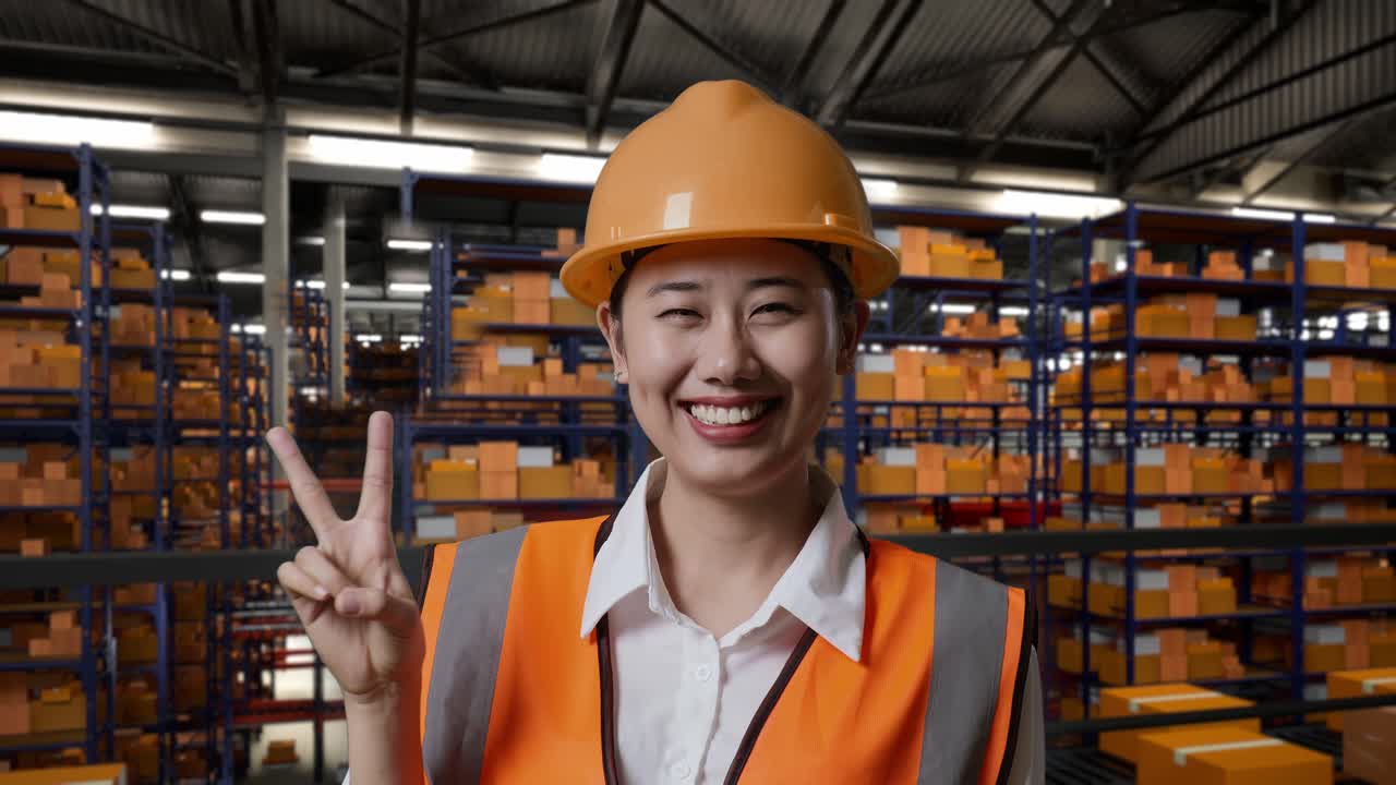 v 표시를 보여주는 창고 노동자