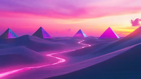 neon pyramids in a desert sunset
