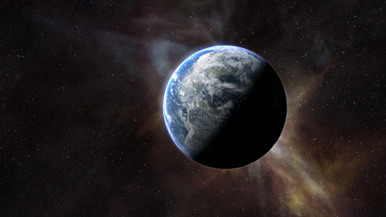 Epic cinematic motion graphic of Earth’s sunrise from orbit, showcasing a glowing blue atmosphere, dramatic lighting, twinkling stars, and vibrant colorful nebula clouds in the vast deep cosmos