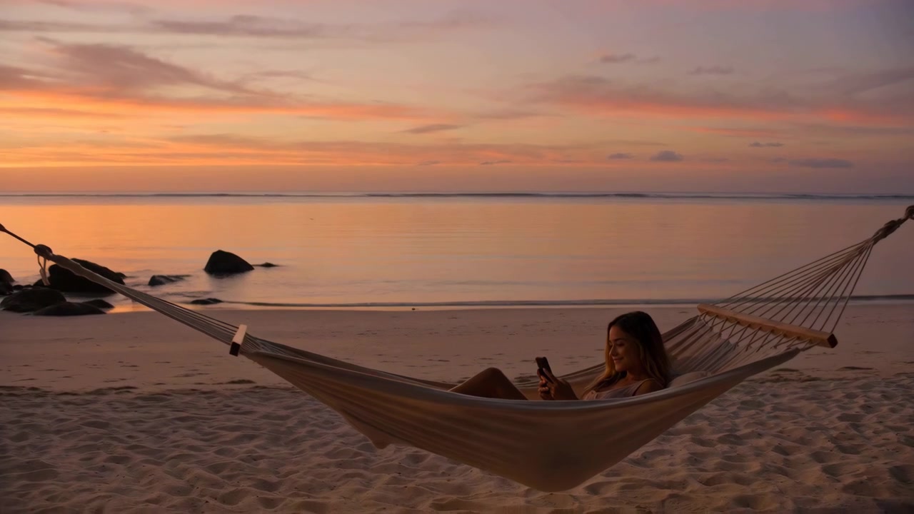 Joven recostada en una hamaca tejida entre palmeras en una playa tropical de arena al atardecer, sonriendo mientras usa su smartphone, mientras el océano tranquilo y el cielo pastel crean un ambiente de vacaciones pacífico
