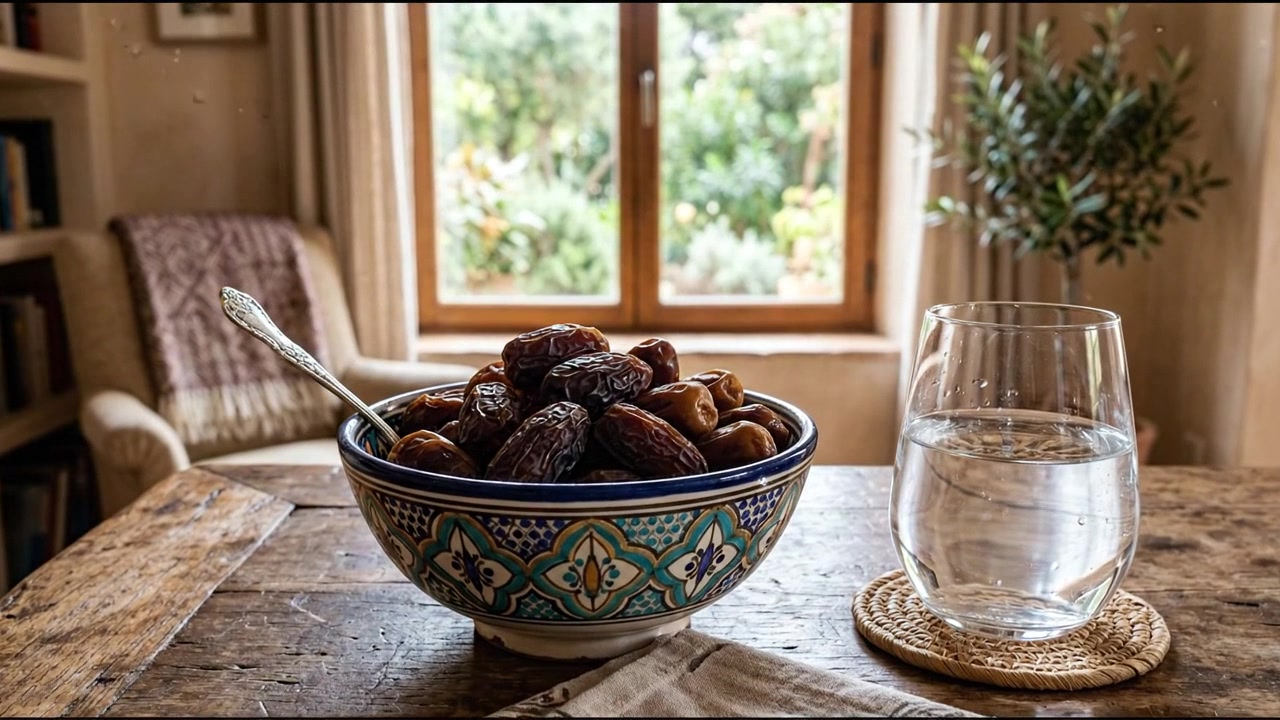 Bowl of dark dates beside water glass in a warm rustic home interior scene