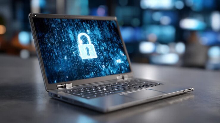 Un portatile che mostra un simbolo di lucchetto digitale, che rappresenta le misure di sicurezza informatica e la protezione dei dati in un ambiente tecnologicamente avanzato