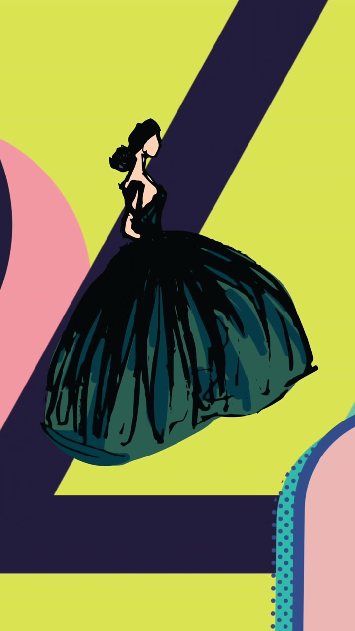 Animação de ilustrações de moda de vestidos femininos sobre formas abstratas em fundo amarelo
