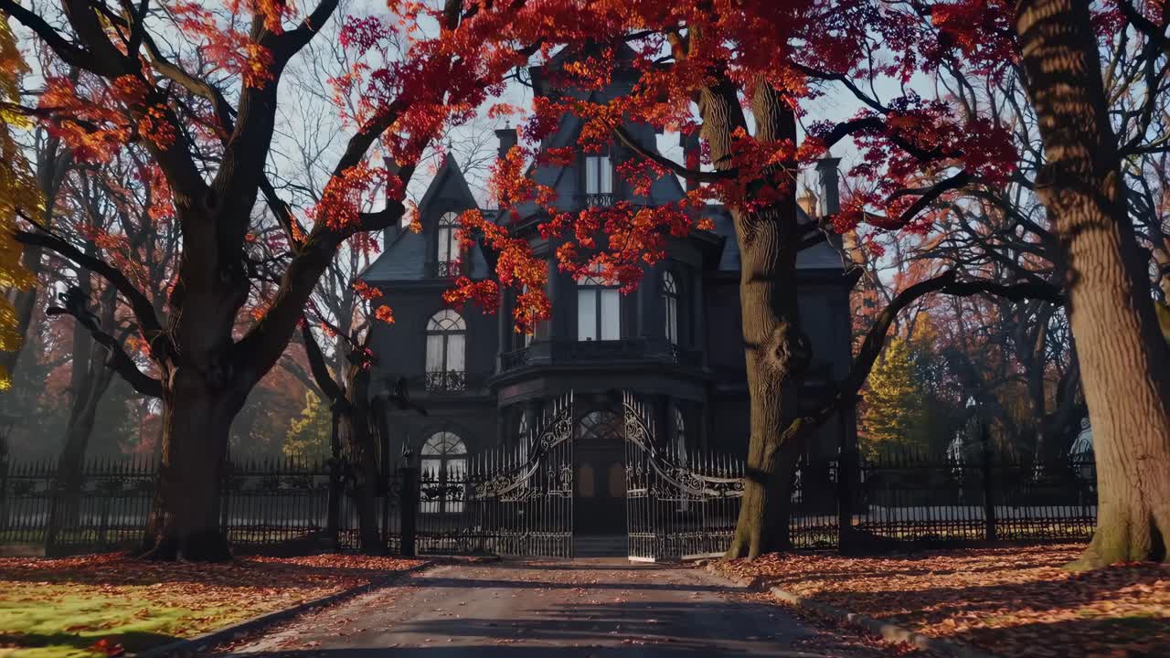 Gothic mansion framed by autumn trees, captured from a low-angle, creating a mysterious, cinematic