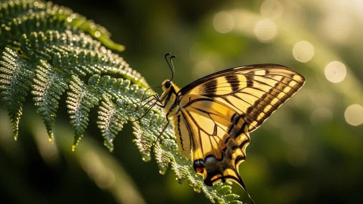 Una Splendida Farfalla Posata con Eleganza su una Foglia di Felce Rugiadosa, Avvolta in una Luce Soffusa, Evocando la Bellezza della Serenità della Natura e i Colori Vivaci