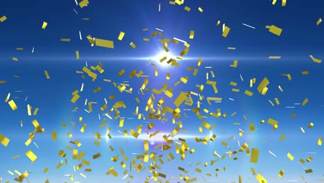 animation of gold confetti falling over blue sky and lights