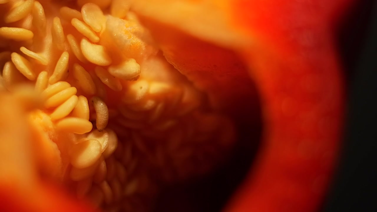 Scatto macro dall'alto 50p di semi di peperone rosso che ruotano per rivelare texture, motivo e colore naturale