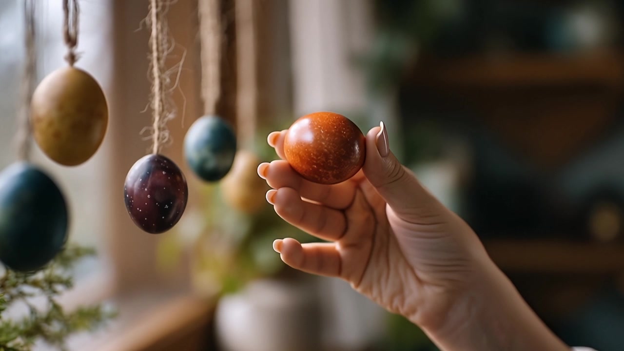 Close-up of Hand Holding a Decorated Easter Egg with Hanging Decorations