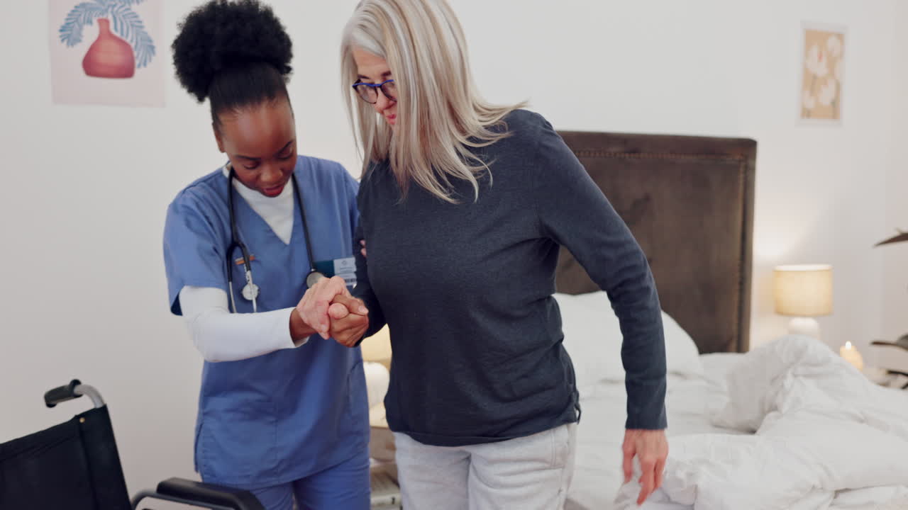 Senior, nurse or woman in wheelchair with support