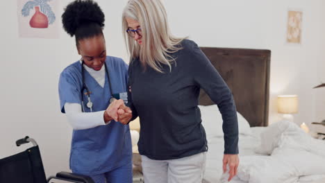 senior, nurse or woman in wheelchair with support