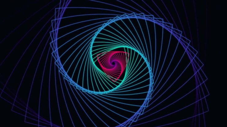 Abstract Neon Geometric Spiral Rotating on Dark Background