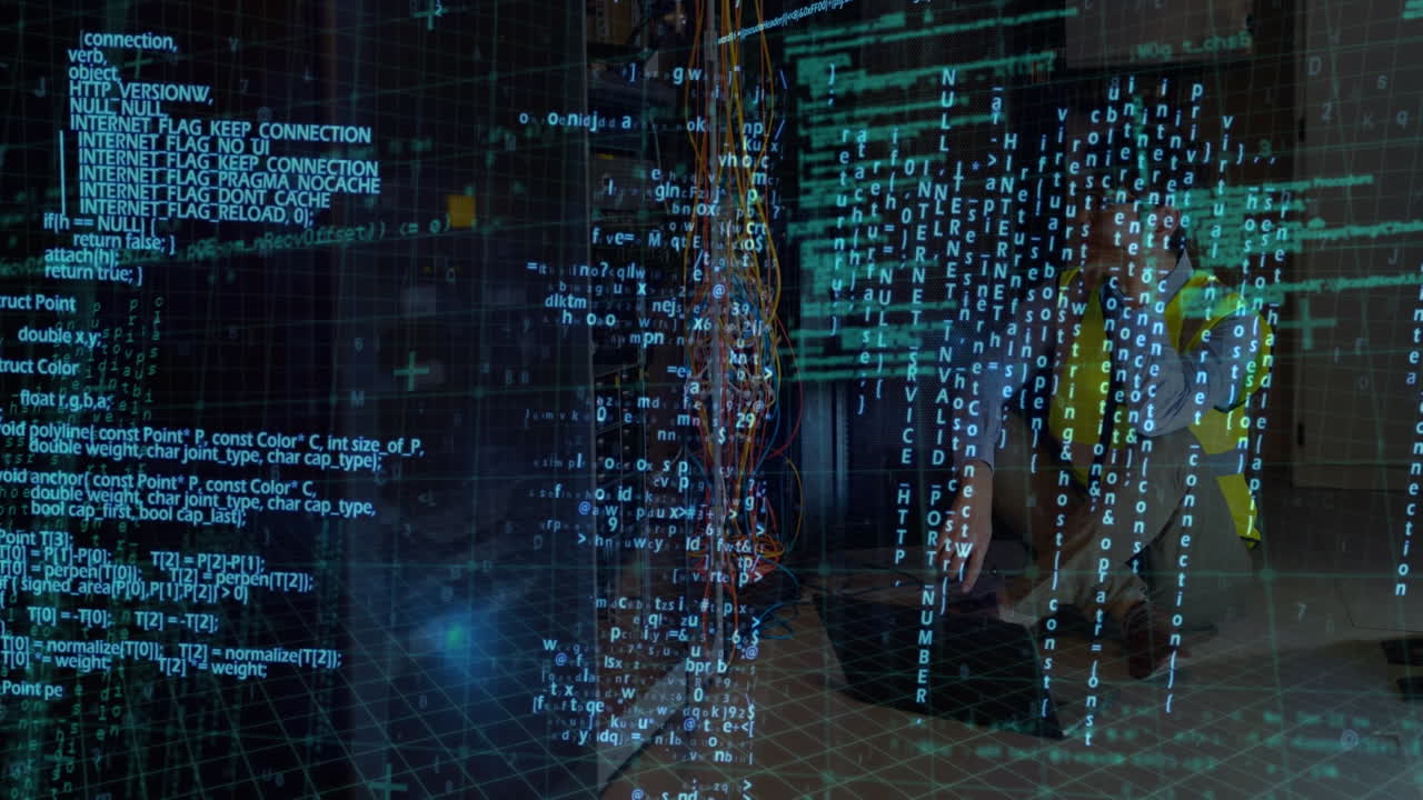 Data processing against asian it technician with laptop working in computer server room