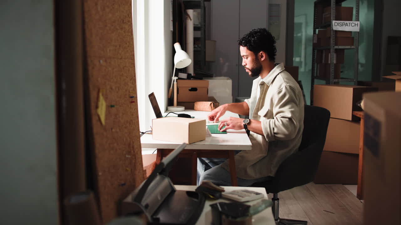Hombre escaneando un código de barras en un paquete y escribiendo en el escritorio de la oficina.