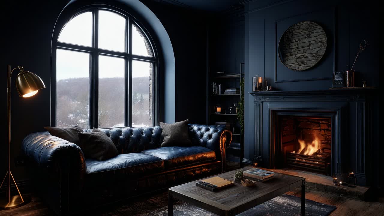 A Cozy and Elegant Living Room Featuring a Luxurious Leather Sofa, Warm Fireplace, and Atmospheric Lighting, Perfect for Creating a Relaxing Ambiance on a Cold Evening