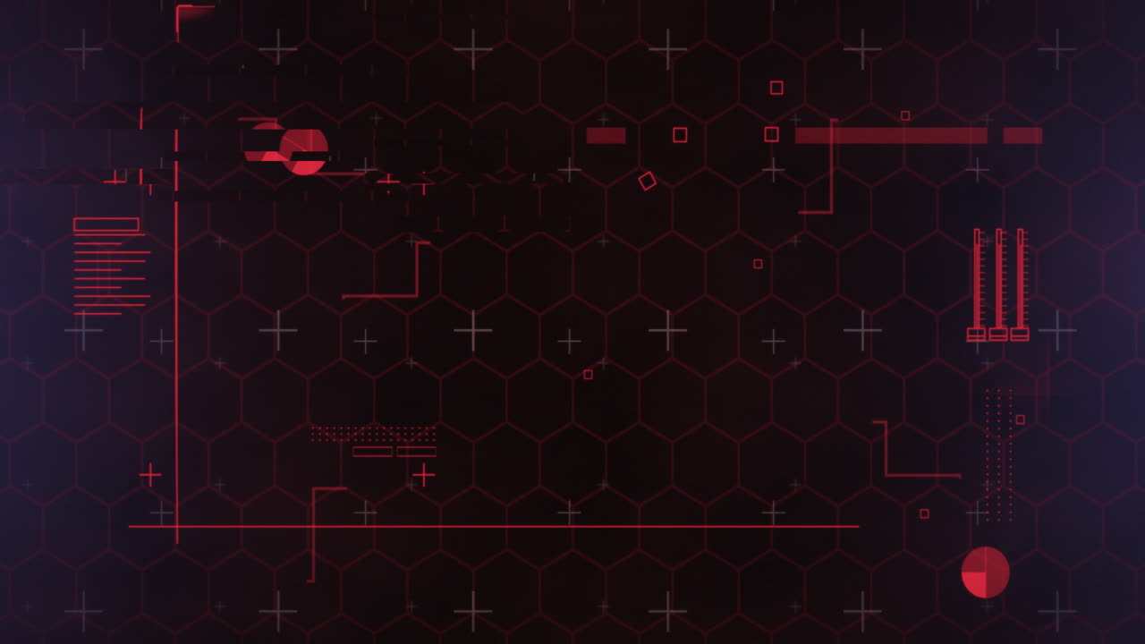 Animation of network of red hexagons and light trails with data processing on black background