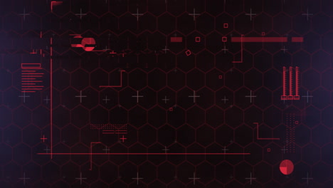 animation of network of red hexagons and light trails with data processing on black background