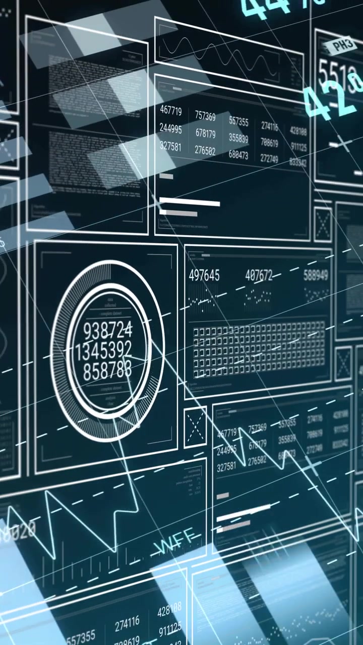 Vertical video: Camera panning right, data HUD moving pie slices and updating gauge showing metrics