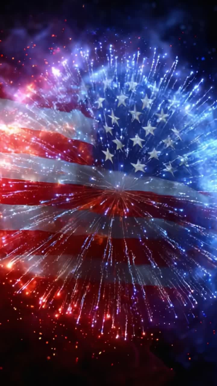 A Festive Display of Patriotism: Celebrating Independence with Dynamic Fireworks and an Iconic Flag Designed in Brilliant Colors Against a Dark Backdrop