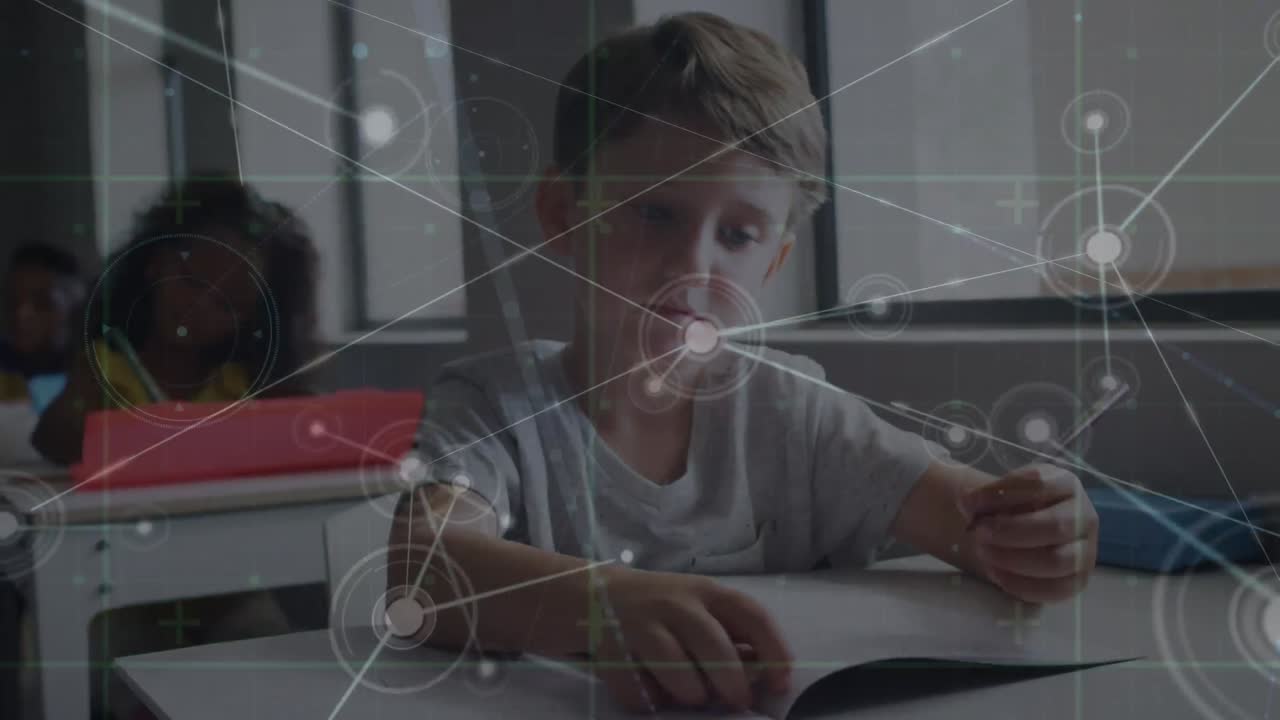 Animation of network of connections over diverse schoolchildren in classroom