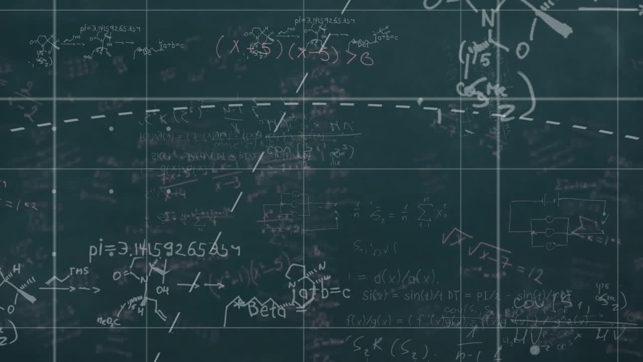 학교에서 칠판 배경에서 수학적 방정식과 그래프를 애니메이션화하는 것