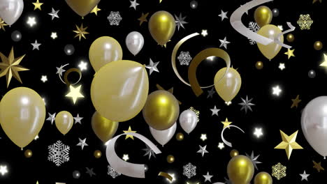 Animation-of-gold-and-silver-balloons-with-stars-on-black-background