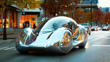 a futuristic car driving down a city street at night