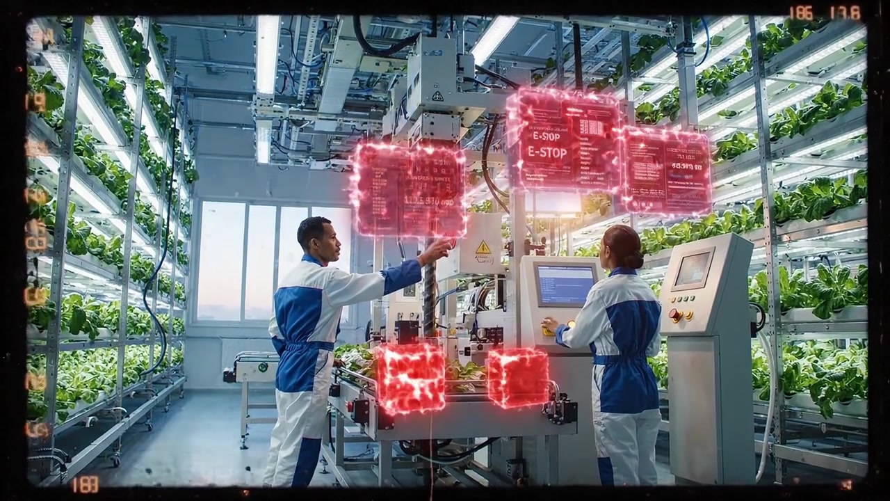 Scientists Monitoring Plants in a High-Tech Vertical Farm with Holographic Data