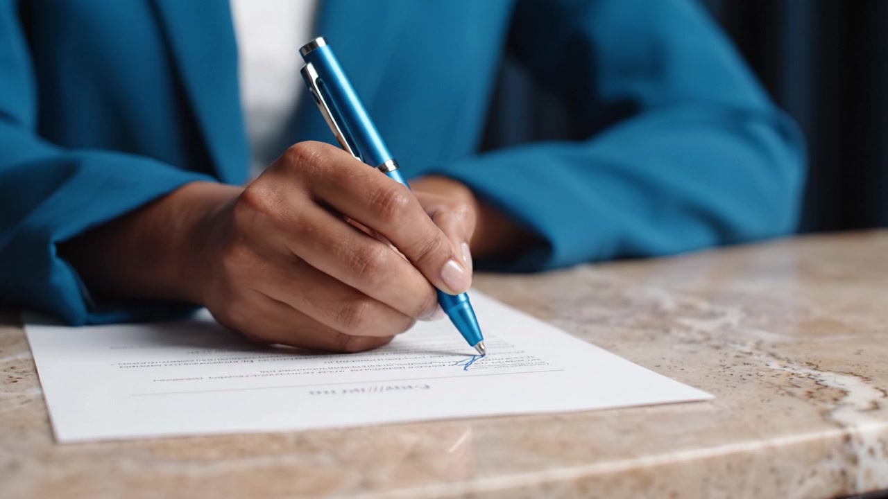 A person signing an important document on a marble table, showcasing the act of finalizing an agreement with a blue pen in a professional setting.