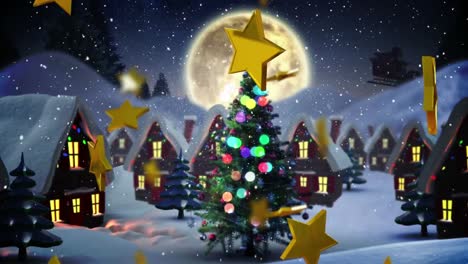 animación de estrellas de oro de navidad cayendo sobre el árbol de navidad en un paisaje de invierno.