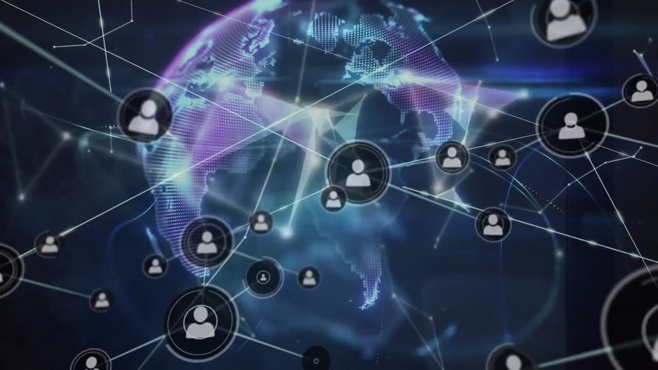 анимация сети иконок профиля над глобусом сетей сплетен, вращающихся на синем фоне