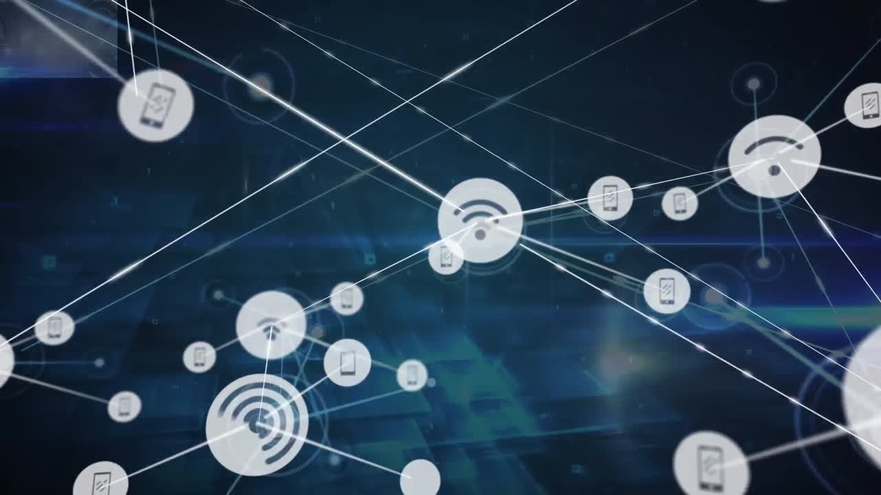 animación de una red de iconos digitales sobre formas cuadradas brillantes contra un fondo azul