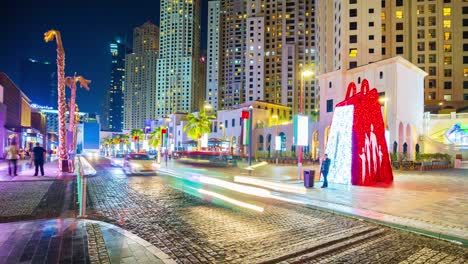 united arab emirates night life dubai marina walk traffic street panorama 4k time lapse