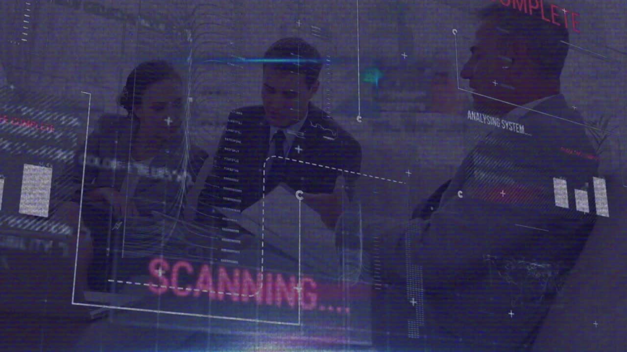 Animation of financial data processing over businesswoman using vr headset