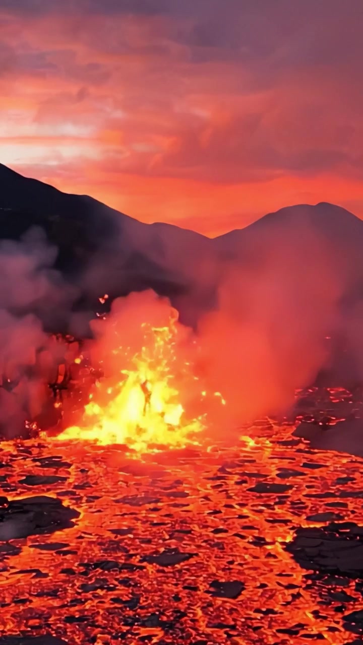 An Awe-Inspiring Eruption: Fiery Lava Flow Illuminates the Sky at Dusk, Creating a Stunning Contrast Against the Mountains and Vibrant Sunset Colors