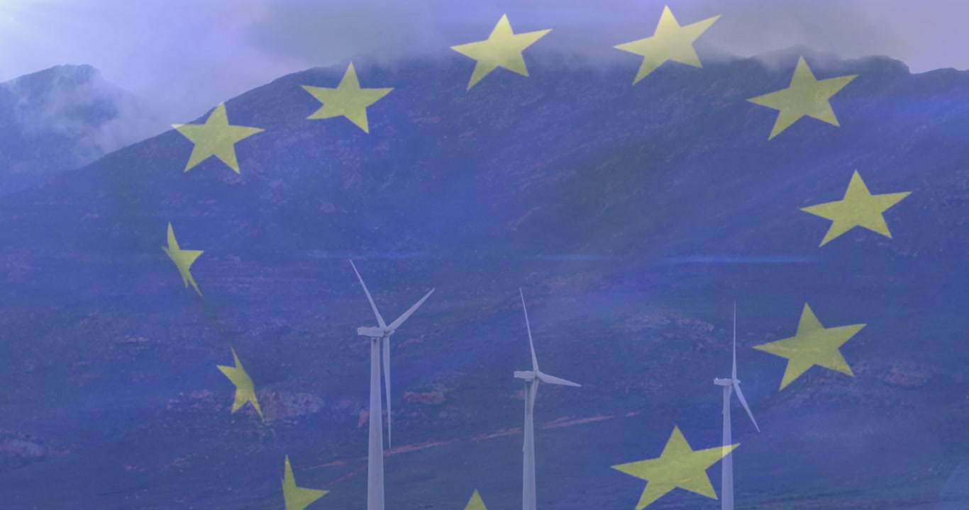 Wind turbines with animation of EU stars and country flags in mountain landscape