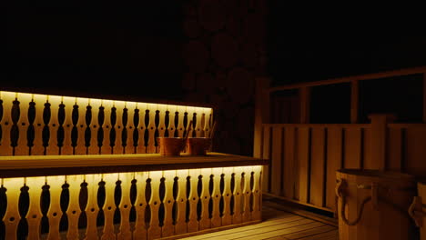 cozy illuminated wooden sauna interior