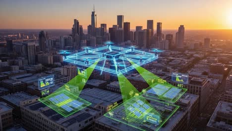 futuristic overview of a smart city with advanced technology maps and data analysis projected above urban landscape at sunset