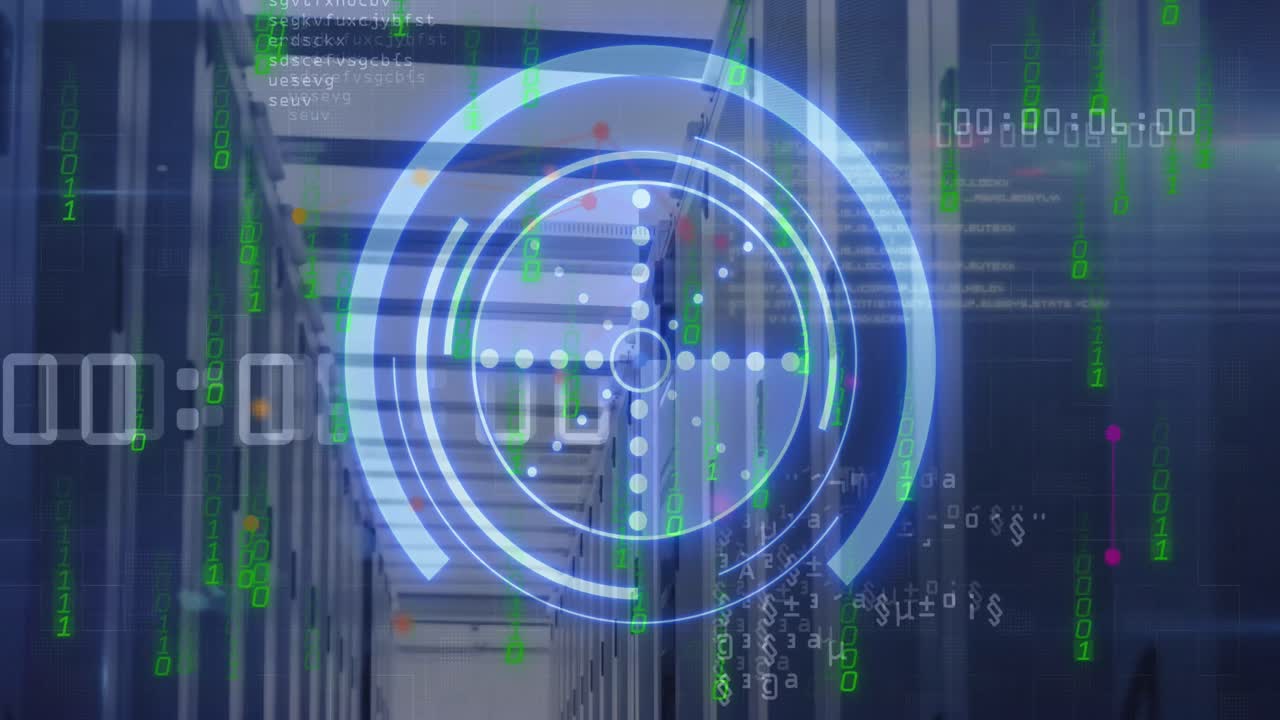 animación del escaneo del alcance con procesamiento de datos sobre la sala del servidor