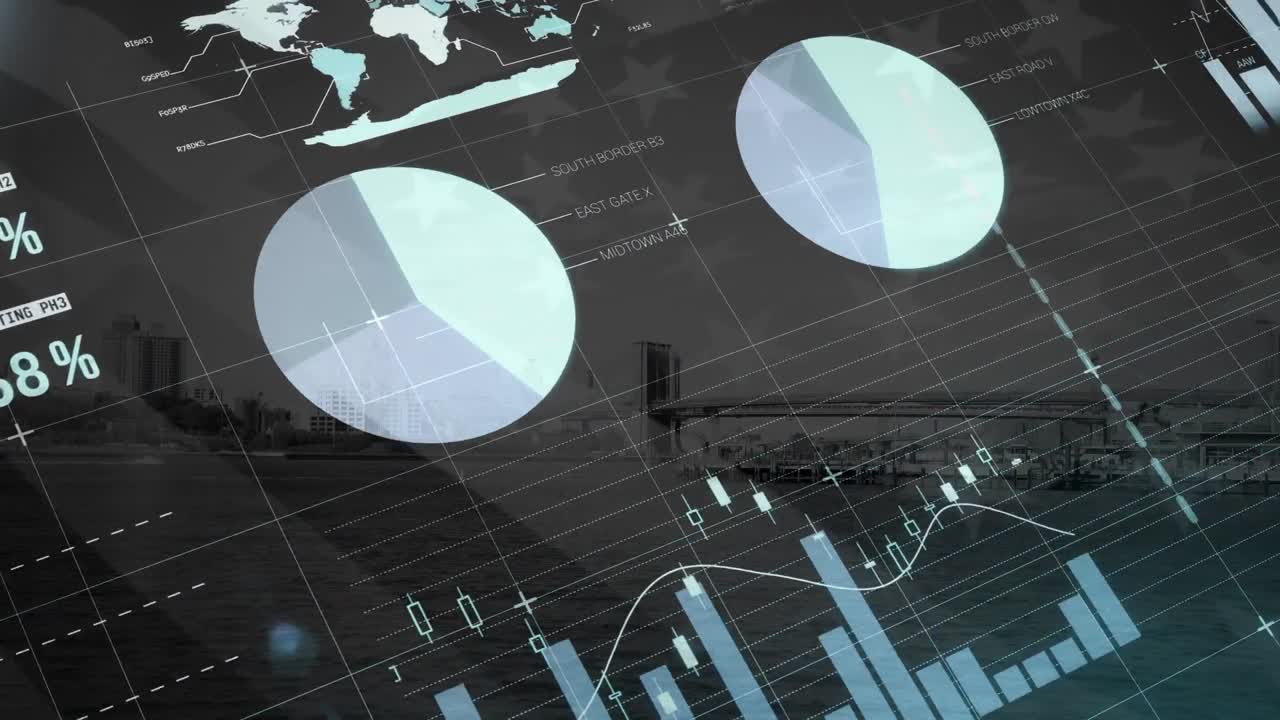 Animation of financial data processing over cityscape