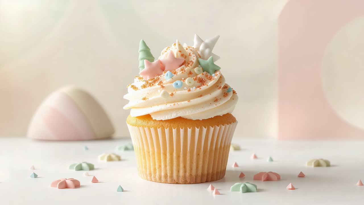 Zooming camera pushing toward centered vanilla cupcake on white surface, revealing pastel sprinkles